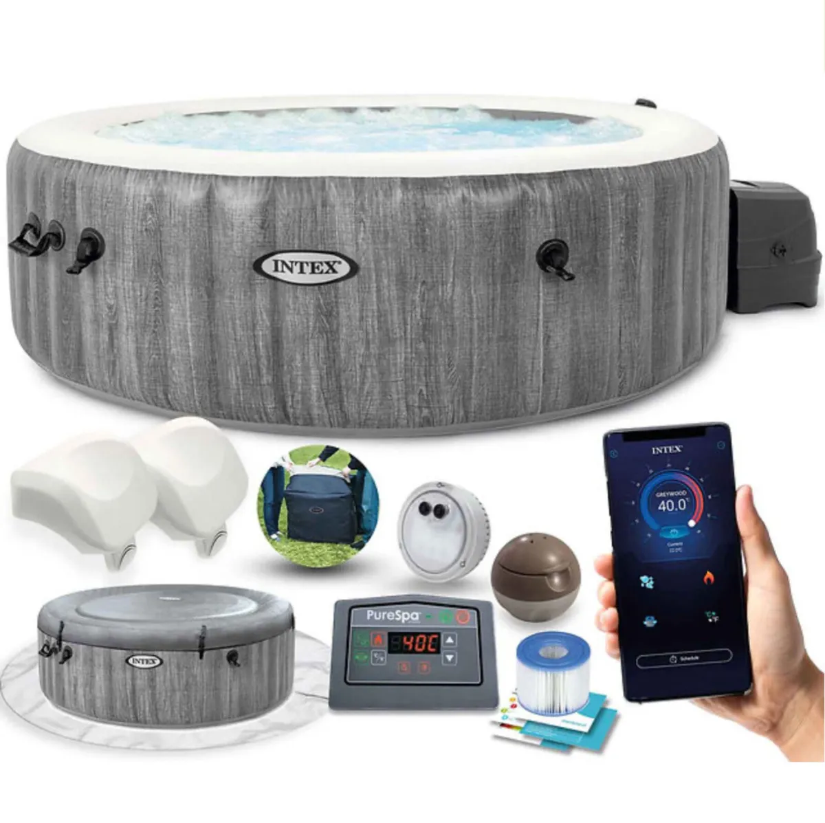 Intex Grey Wood Deluxe WIFI 4 Person Hot Tub - Image 1
