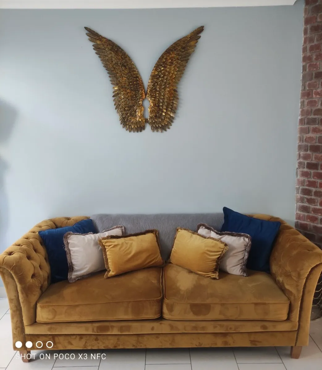 Two & Three seater velvet mustard sofa - Image 1