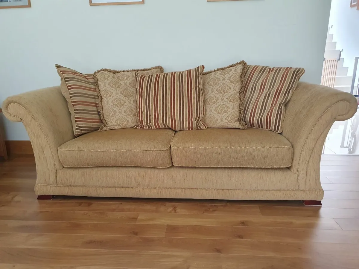Gold fabric couch set and solid oak coffee table - Image 1