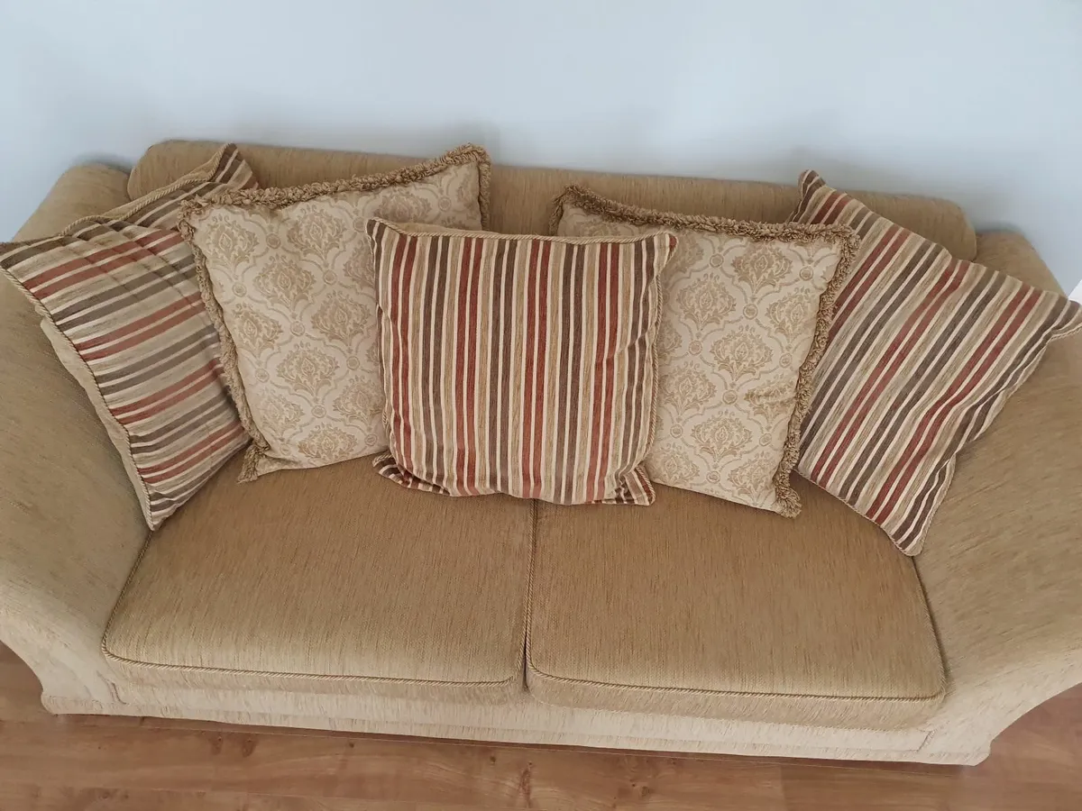 Gold fabric couch set and solid oak coffee table - Image 2