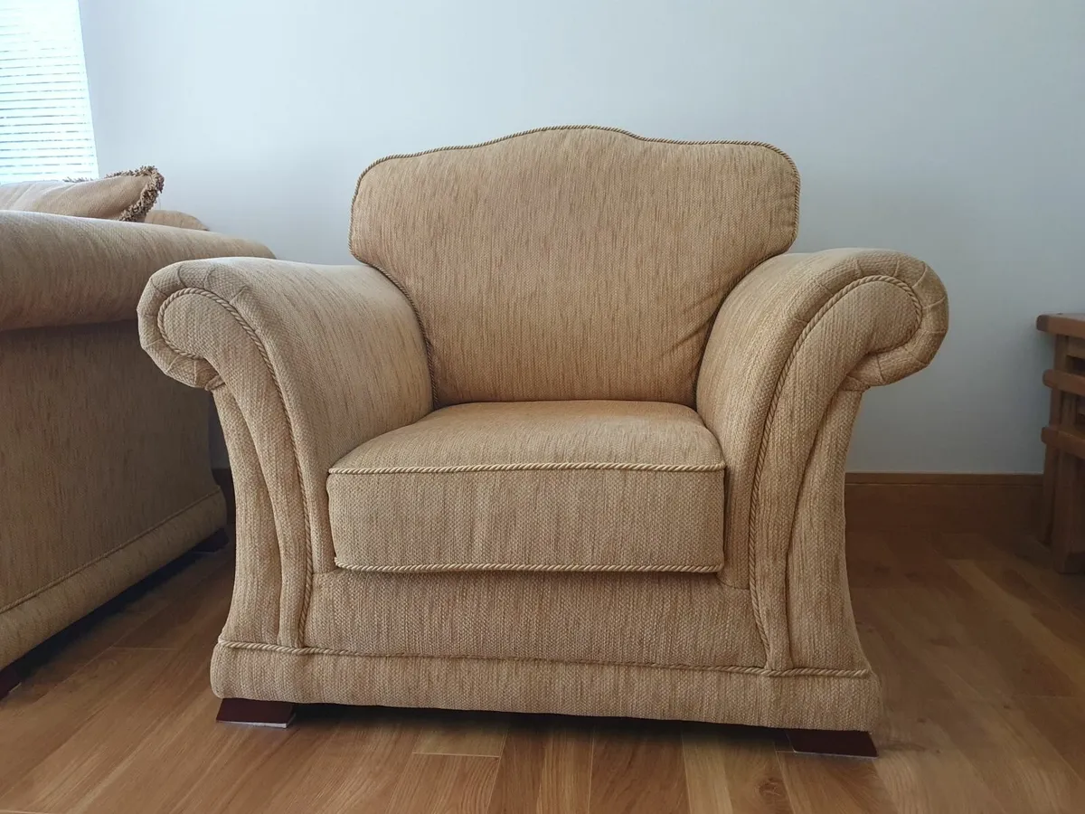 Gold fabric couch set and solid oak coffee table - Image 3