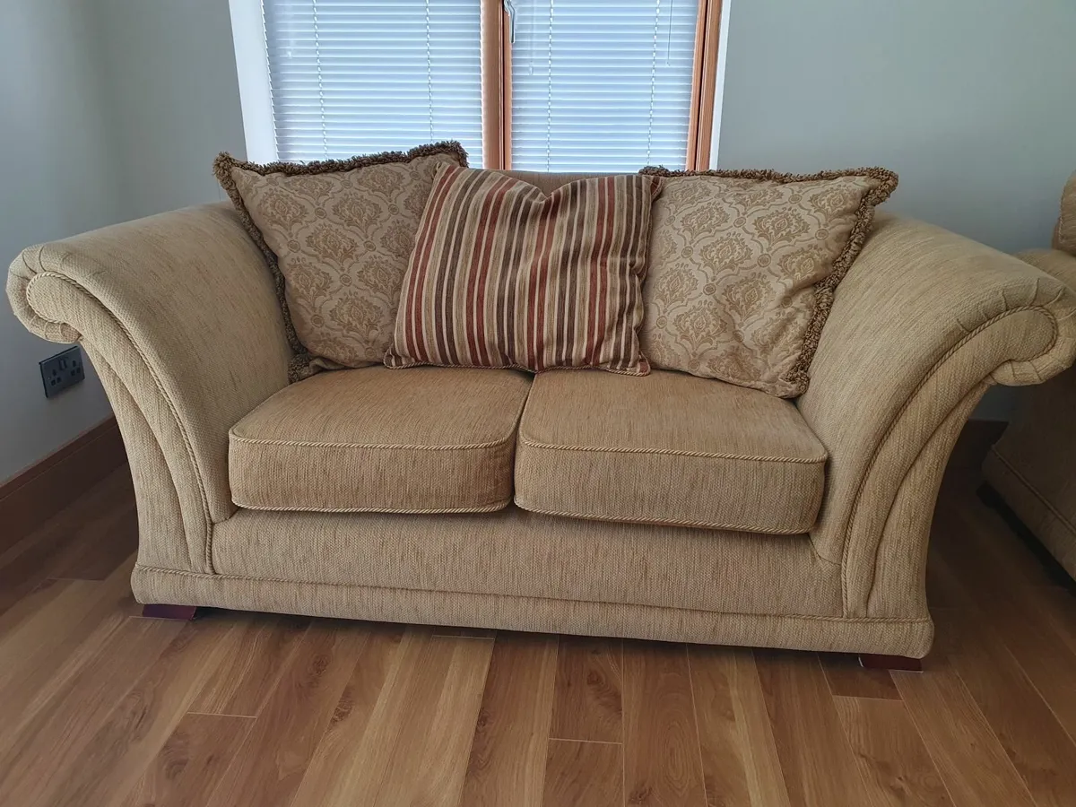 Gold fabric couch set and solid oak coffee table - Image 4