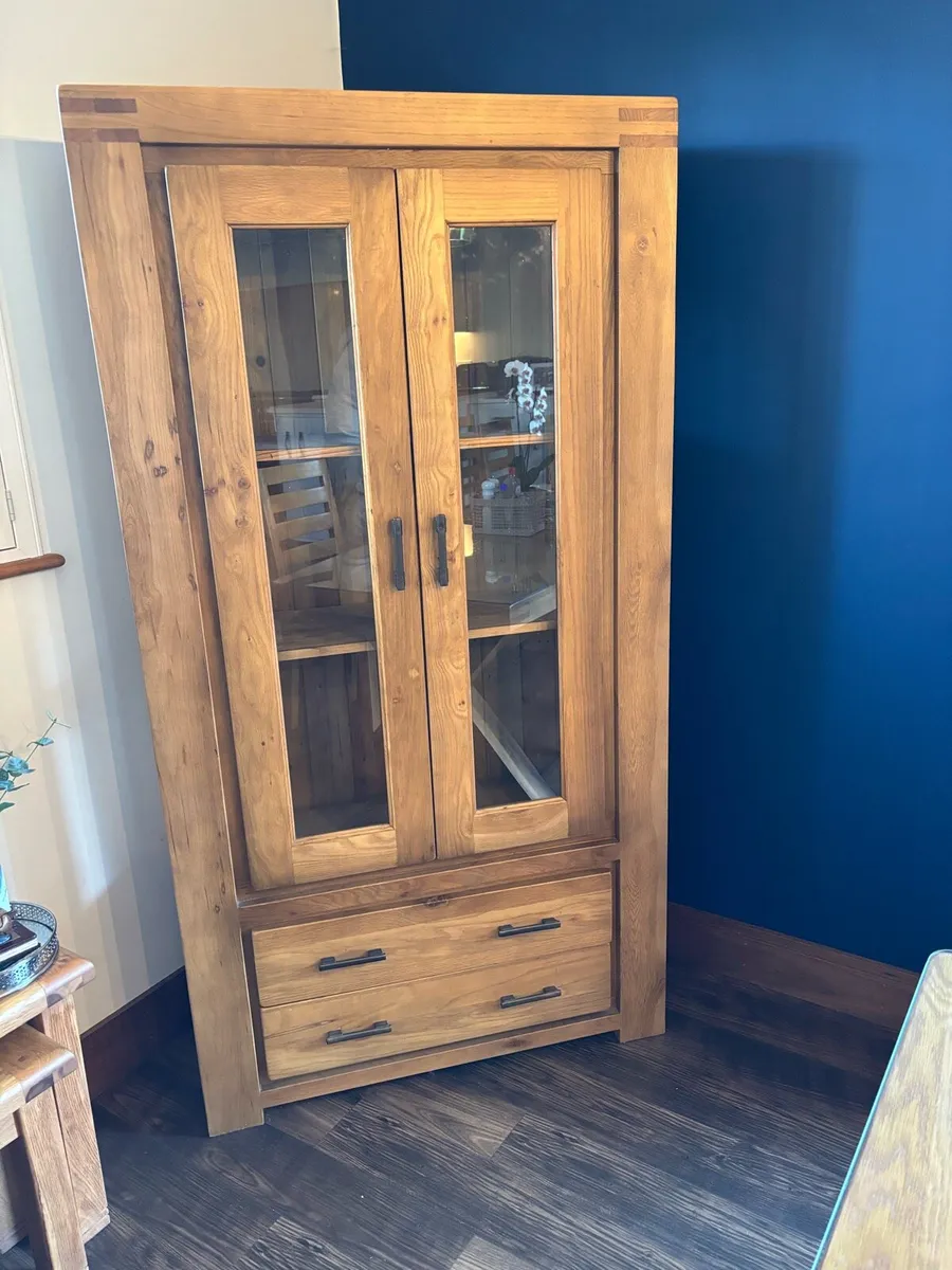 Wooden Kitchen Dresser with glass (walnut colour) - Image 1