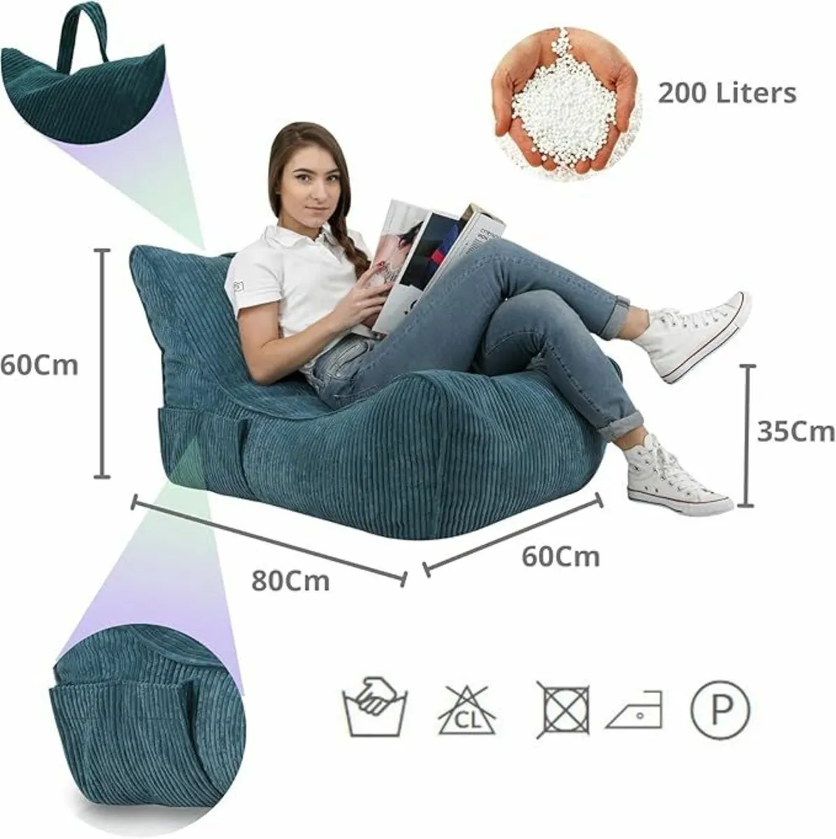 Corduroy Bean Bag Chair with Handle & Pocket - Image 4