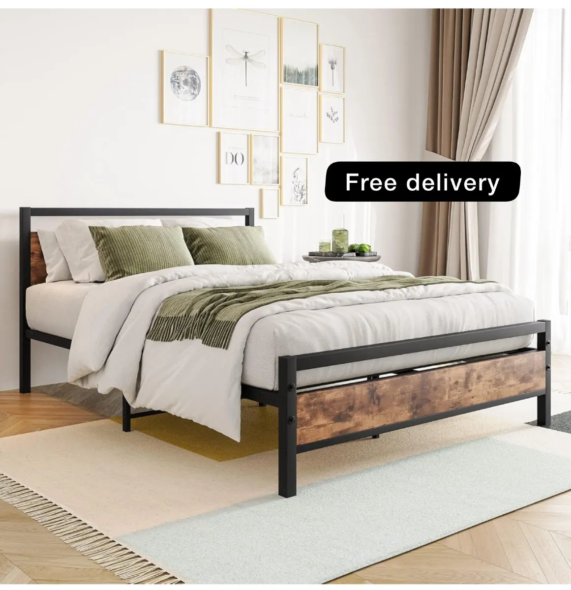 Double Bed Frames with Wood Headboard,Heavy Duty M - Image 1