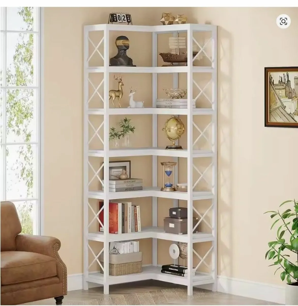 Corner Bookcase Tall White Storage Rack with 14 Sh - Image 2
