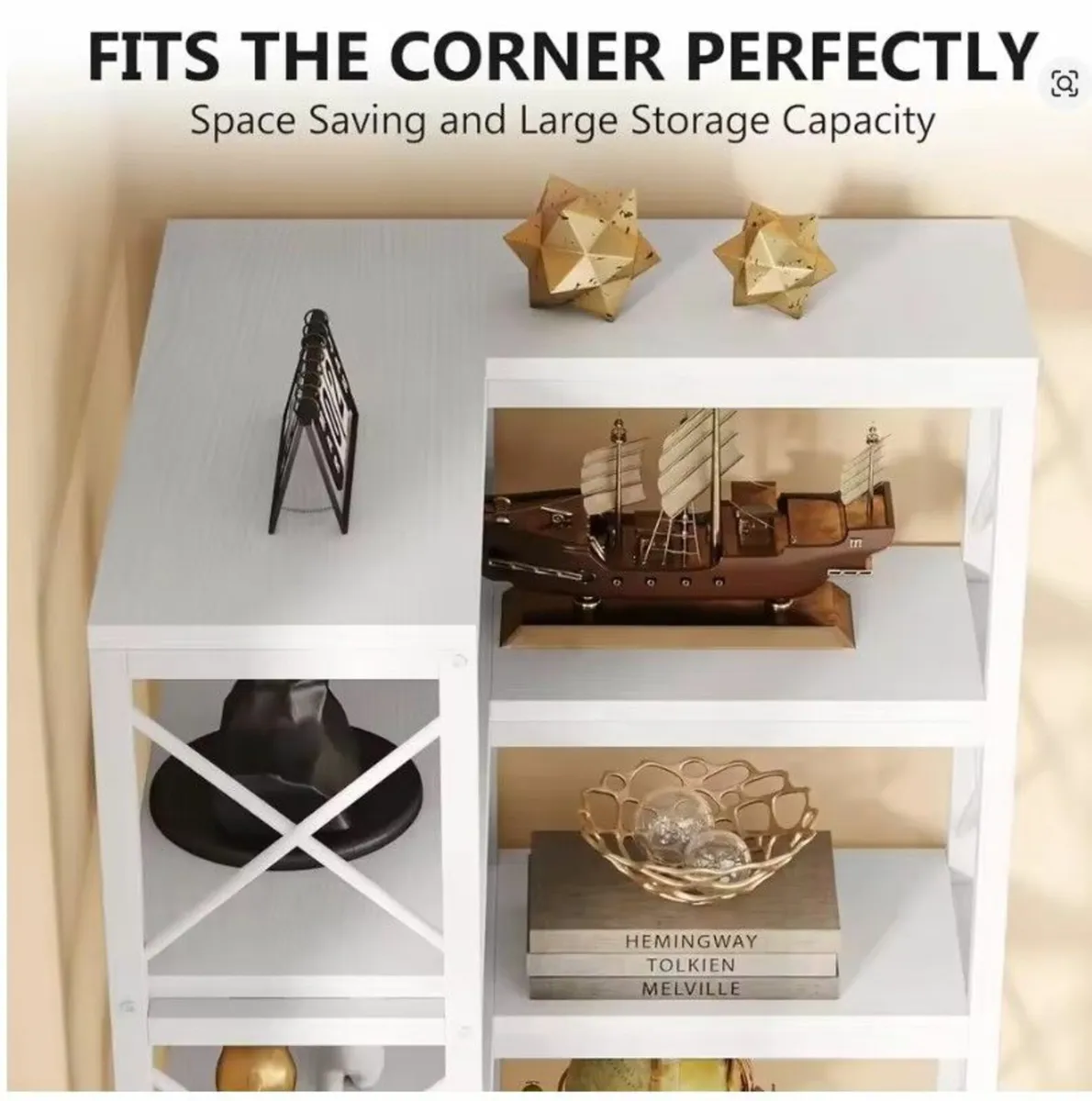 Corner Bookcase Tall White Storage Rack with 14 Sh - Image 3