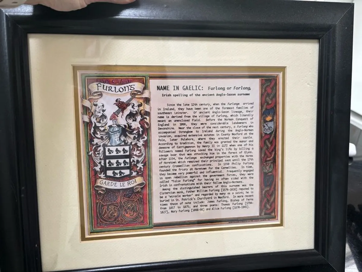 Framed document 'Furlong' surname - Image 1
