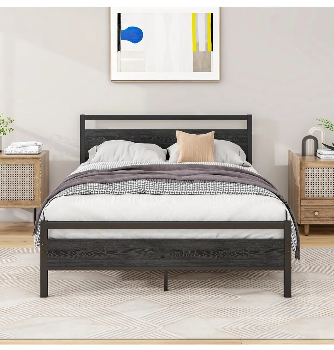 4ft6 Double Bed Frames with Wood Headboard,Heavy D - Image 1