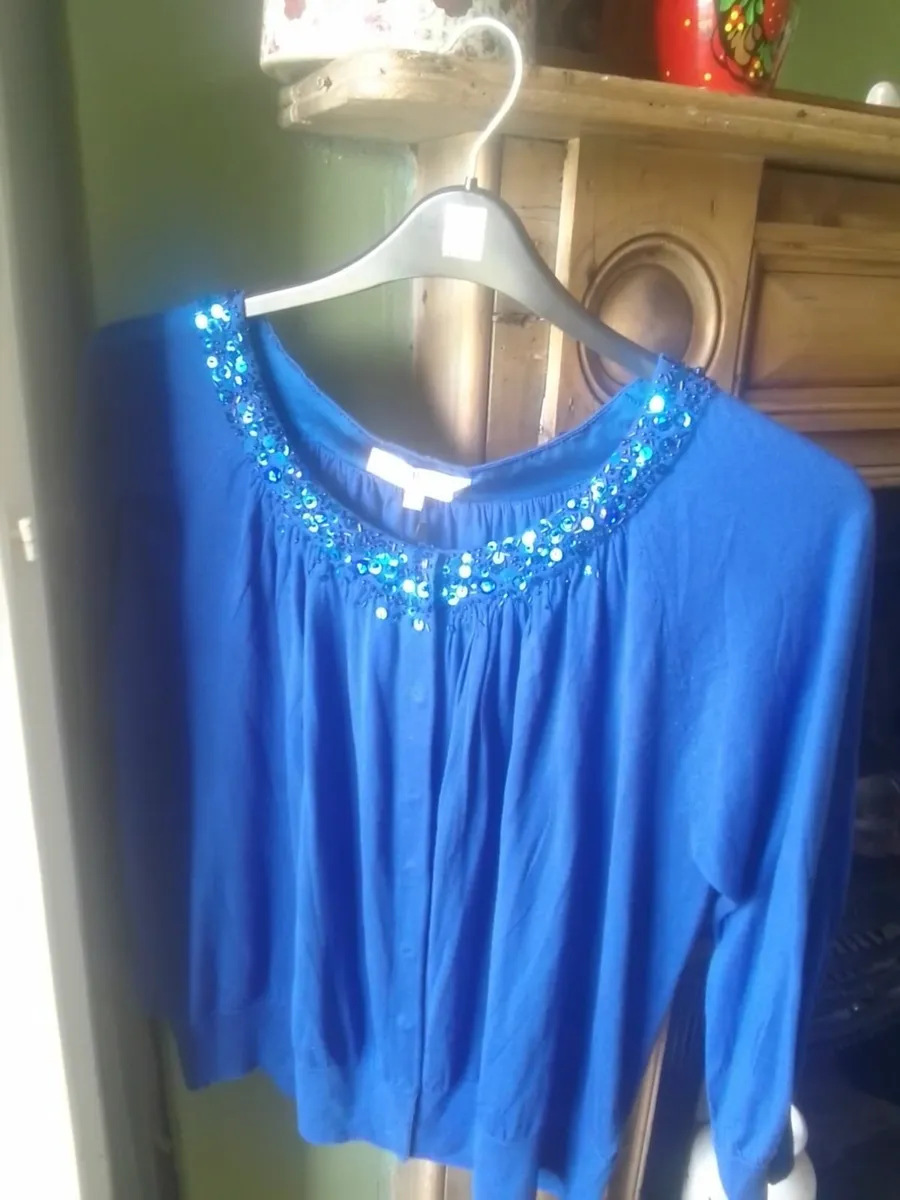 LK BENNETT SILK ROYAL BLUE EMBELLISHED CARDIGAN 14 - Image 2
