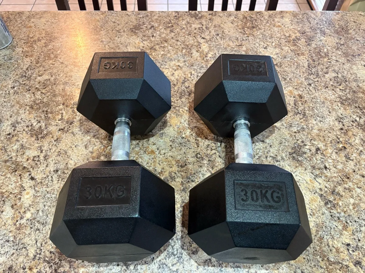 COMMERCIAL RUBBER HEX DUMBBELLS 2 X 30KG. - Image 1