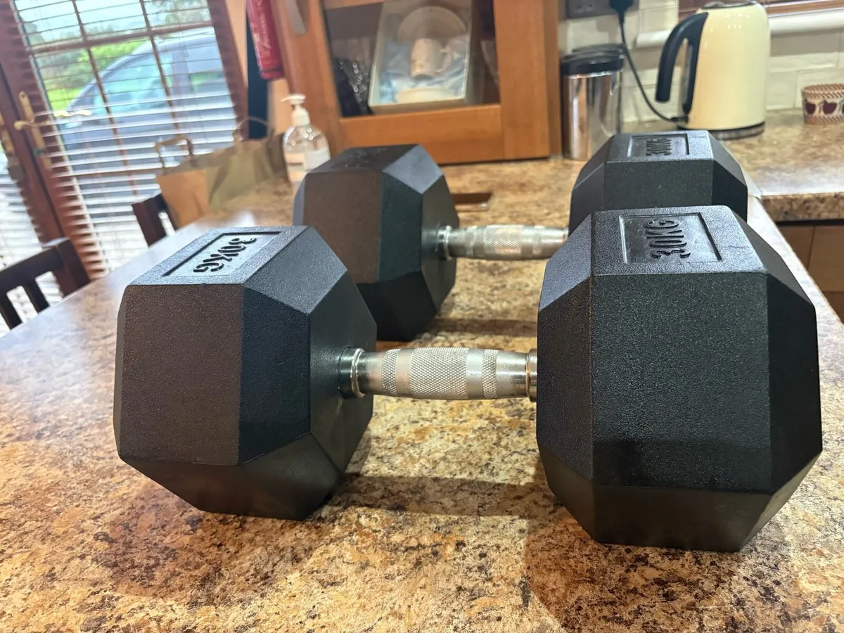 COMMERCIAL RUBBER HEX DUMBBELLS 2 X 30KG. - Image 2