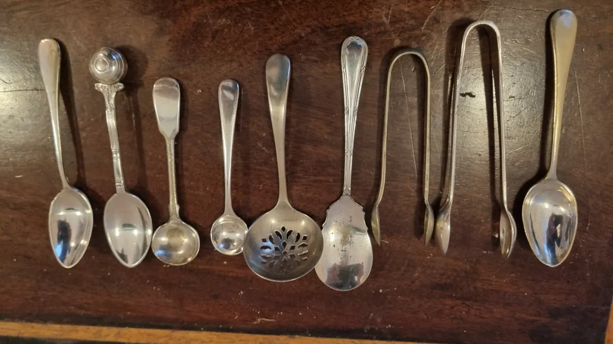 Sliver Lot Sugar Tongs, Spoons - Image 1