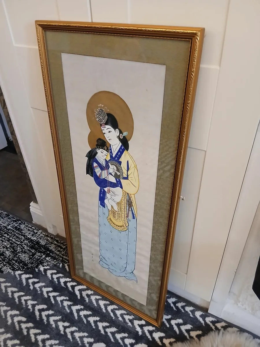 Mid Century Japanese Framed Silk Painting . - Image 2