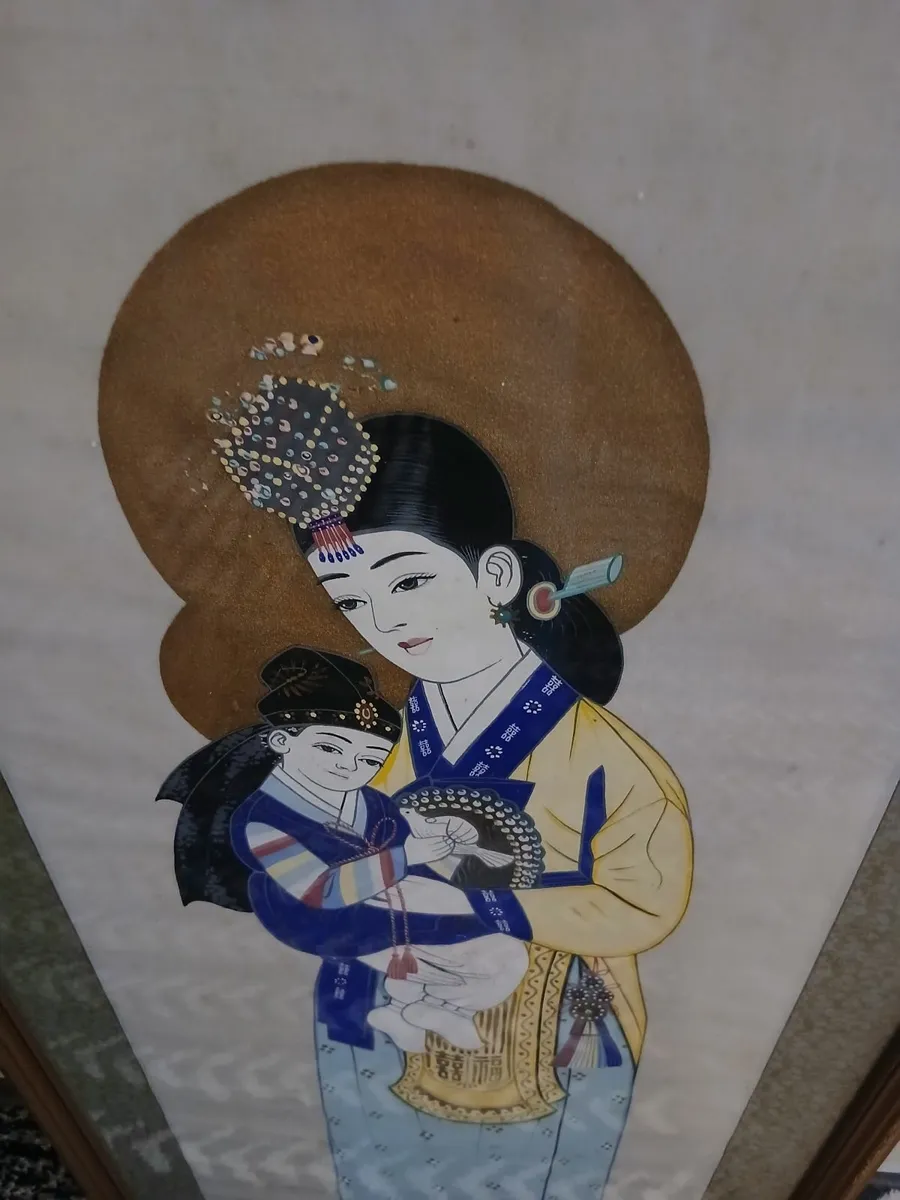 Mid Century Japanese Framed Silk Painting . - Image 3