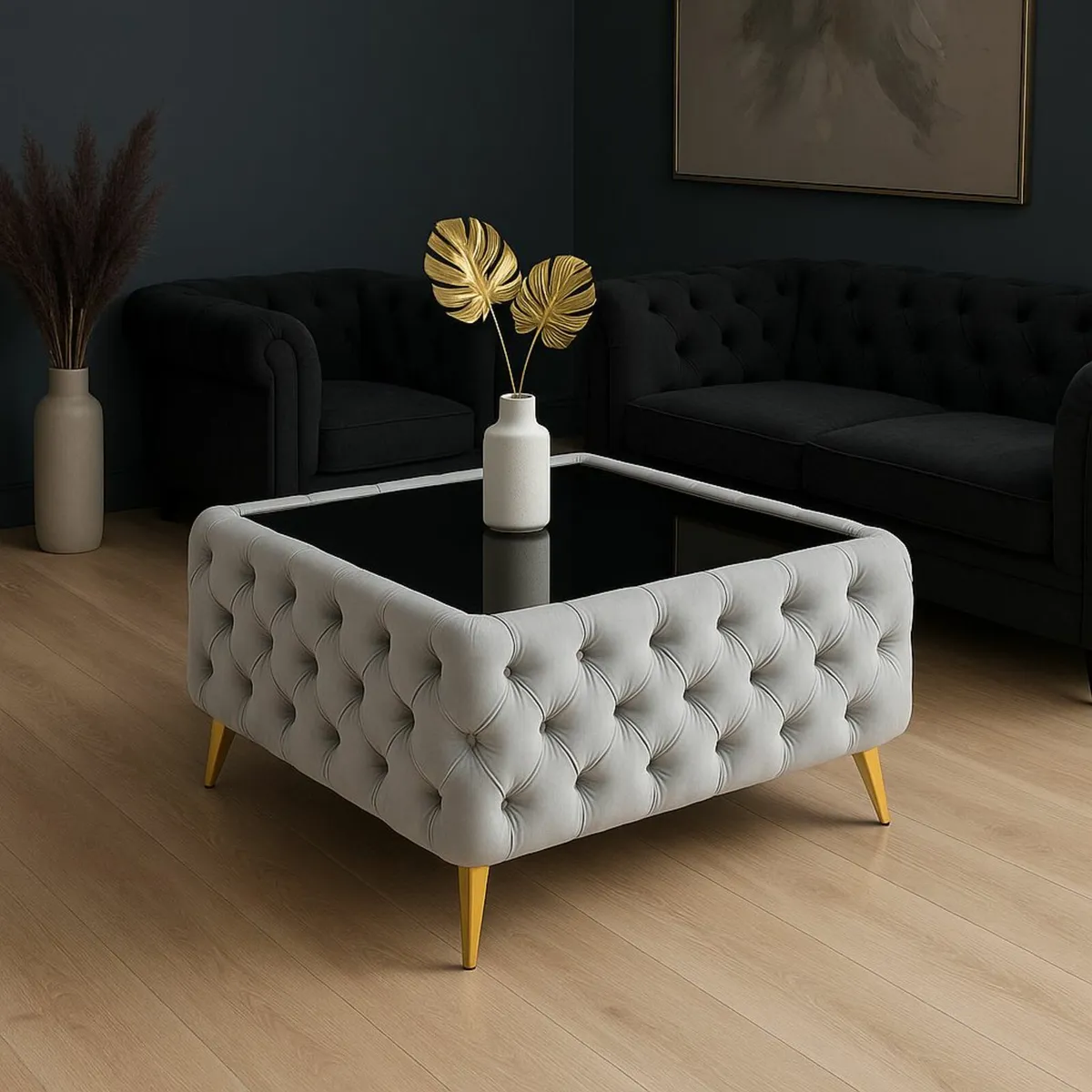 Chesterfield Velvet Square Coffee Table with Glass - Image 2