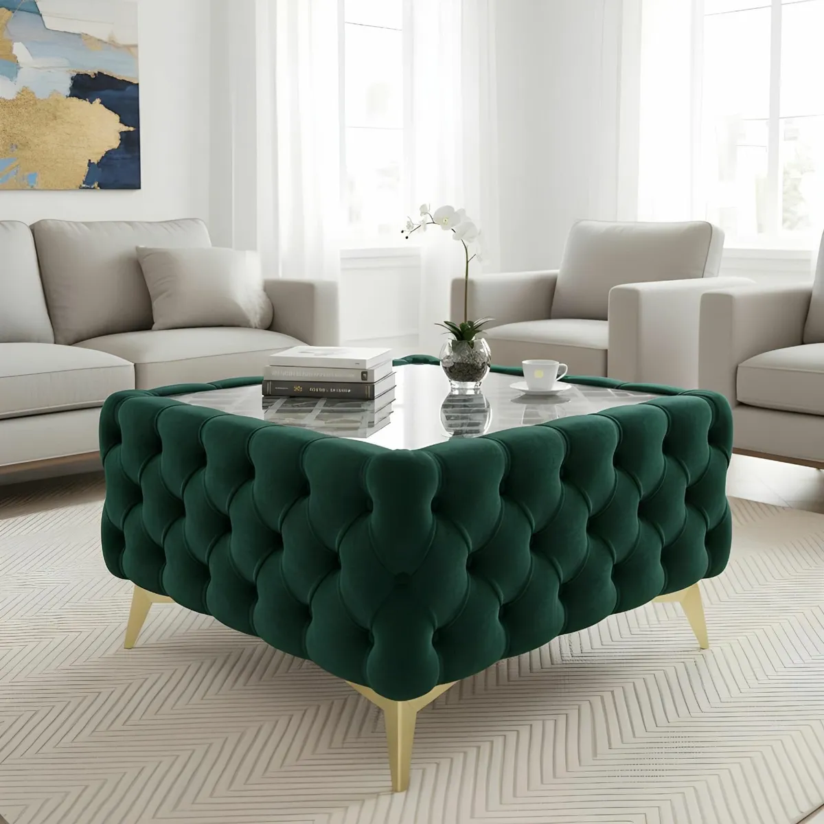 Chesterfield Velvet Square Coffee Table with Glass - Image 1