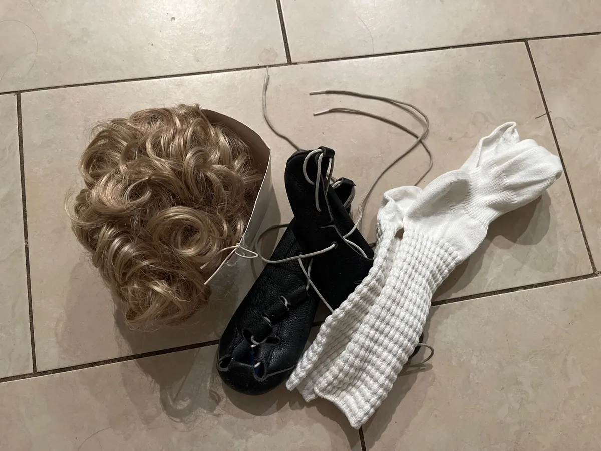 Irish dancing bun wig, dancing shoes