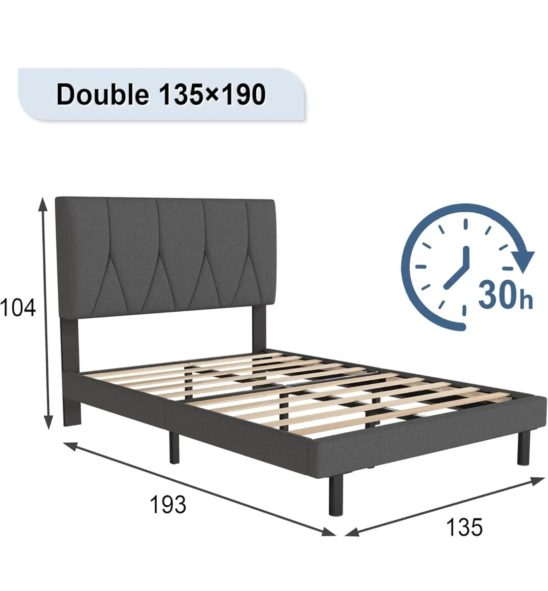 Double Bed Frame, Dark Grey, Upholstered Wooden Sl - Image 3