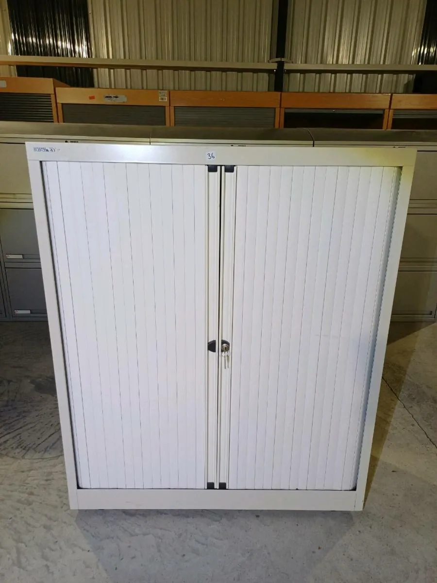 1.2m Bisley Chalk White Steel Tambour Cabinet - Image 1