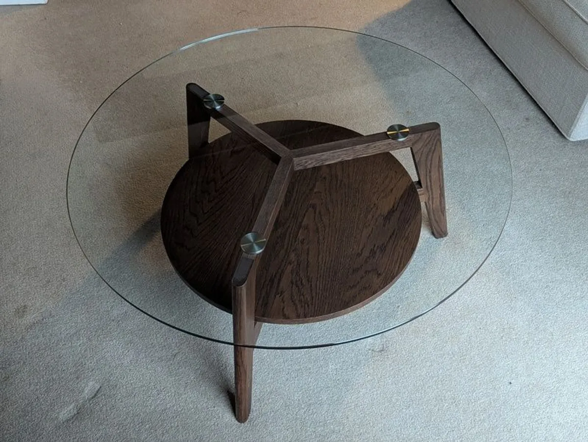 Round Glass Top Walnut Coffee Table - Image 1