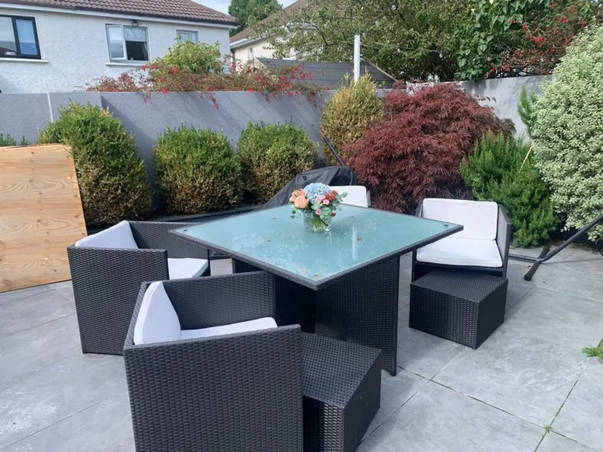 Rattan Cube Garden Furniture, table, 4 chairs, 4 footstools and cushions