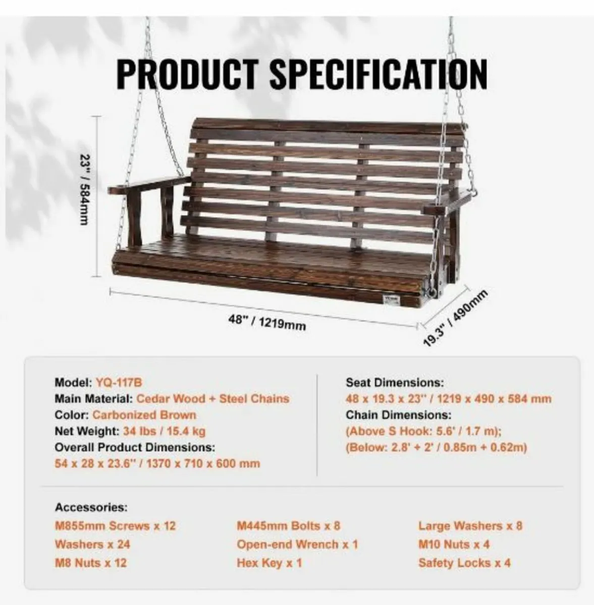 Wooden Porch Swing 4.5 ft - Image 4