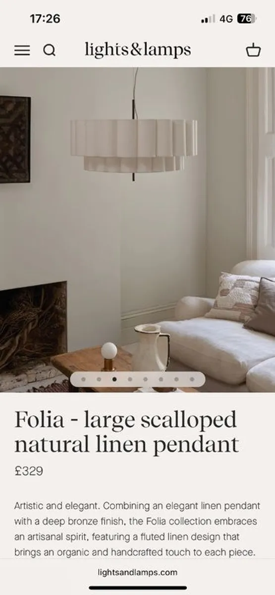 Large Scalloped Linen & Bronze Light Pendant - Image 2
