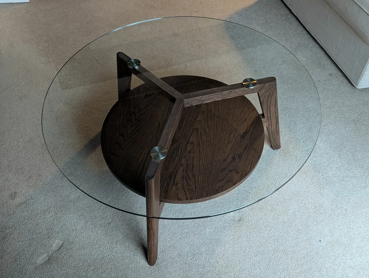 Round Glass Top Walnut Coffee Table - Image 1