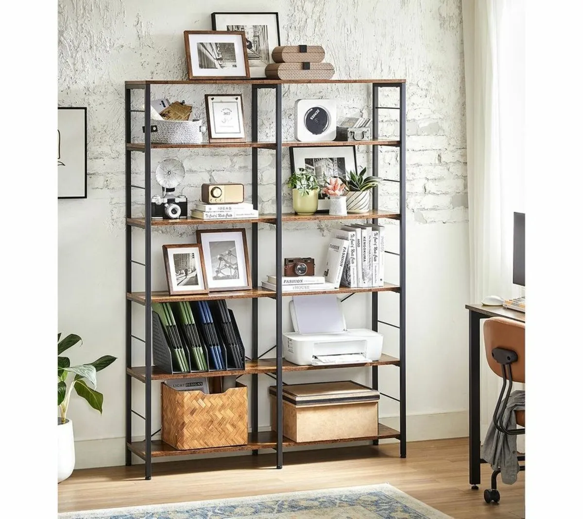 Bookcase XL 6 Tier Rustic Brown Industrial Shelf - Image 1