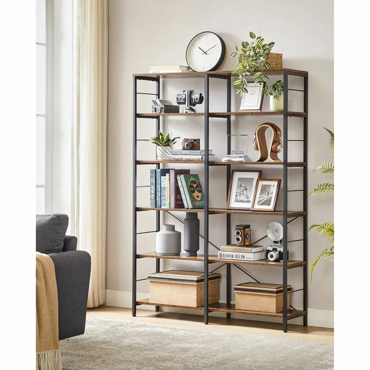Bookcase XL 6 Tier Rustic Brown Industrial Shelf - Image 2
