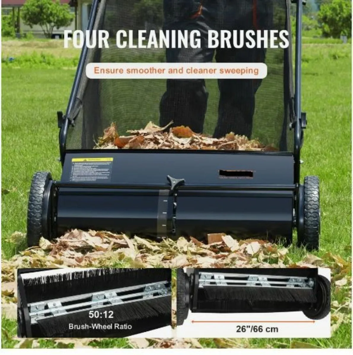 Push Lawn Sweeper, 26-inch Leaf & Grass Collector - Image 4