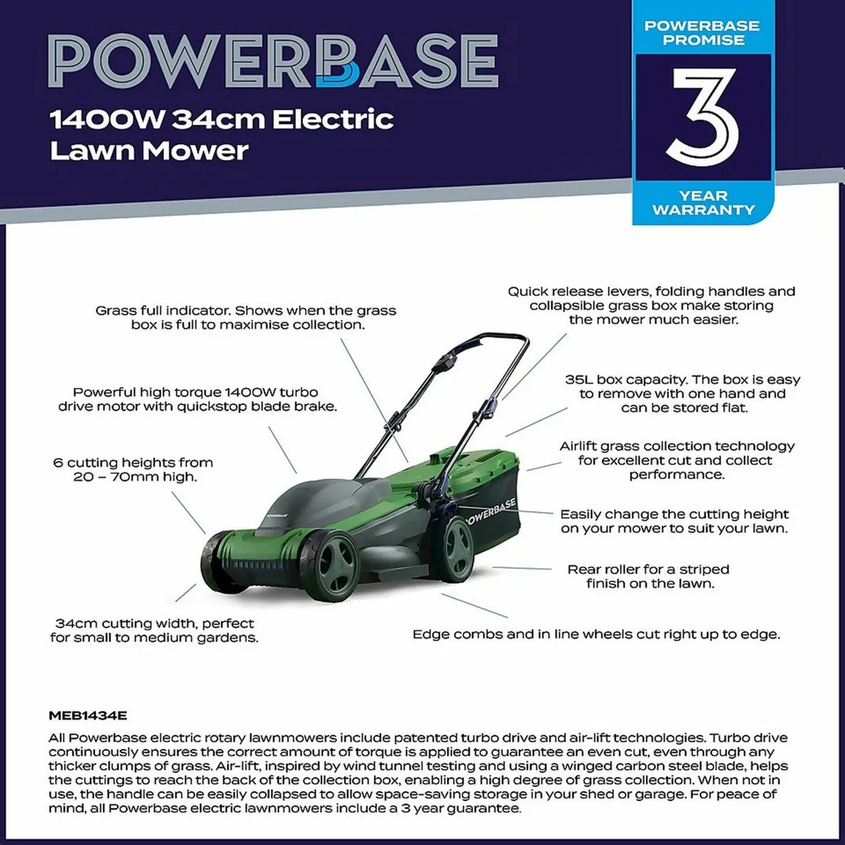 Powerbase Electric Mower and Rear Roller - Green / - Image 2