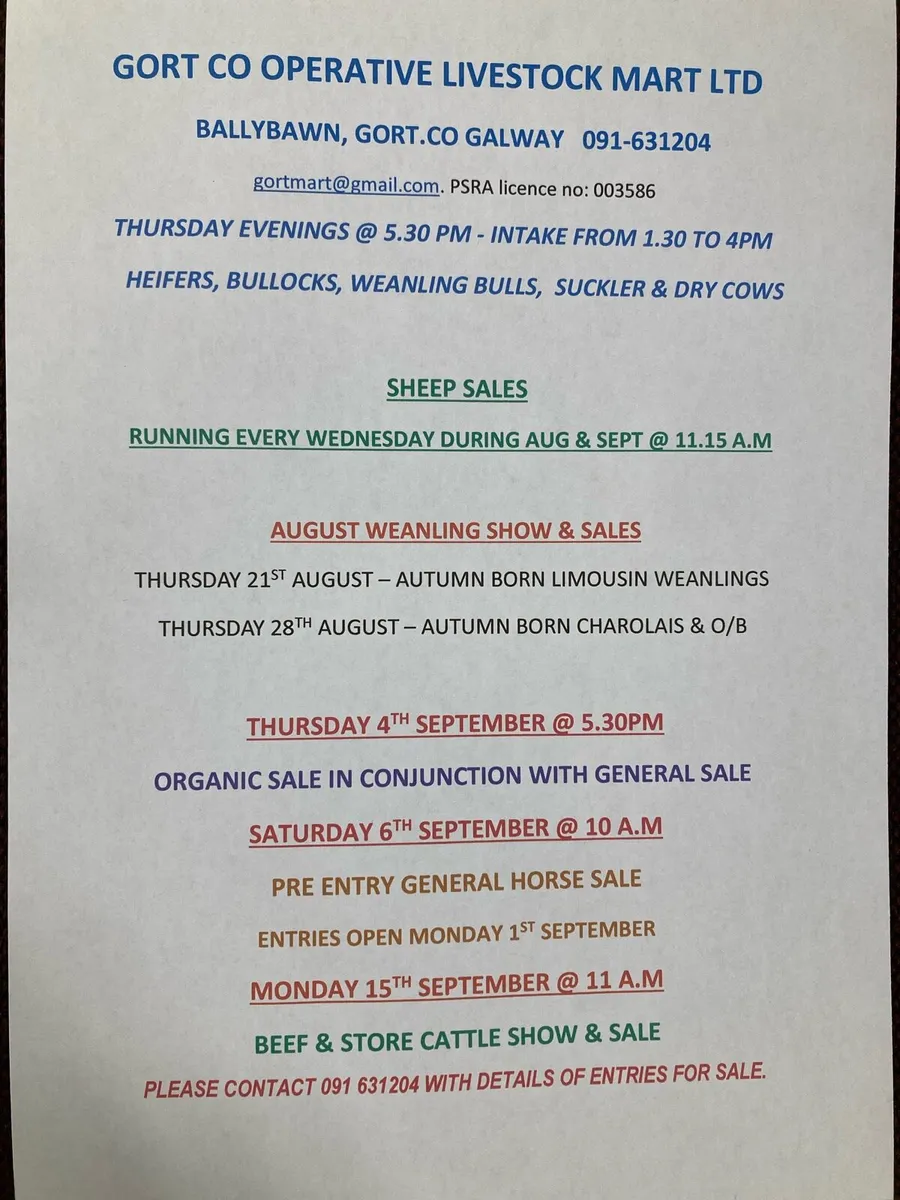 Gort Mart: Thurs 21st Aug: LMX weanling show sale
