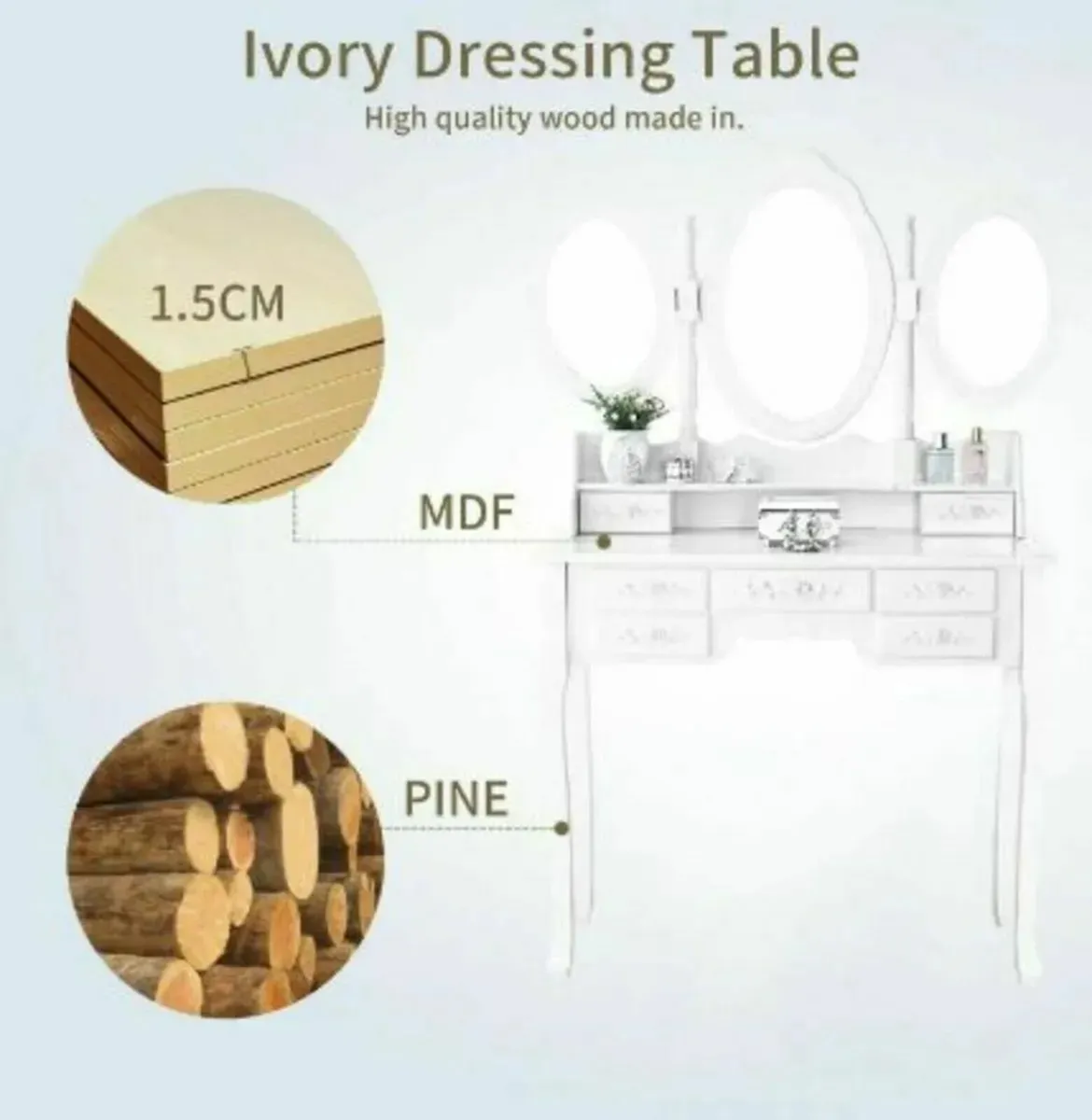 Princes White Dressing Table 3 Oval Mirror 7 Draw - Image 2