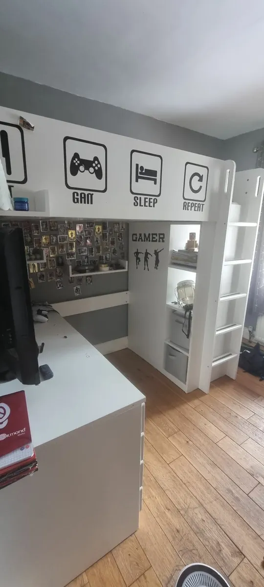 Bed high sleeper with desk, drawers and wardrobe - Image 1