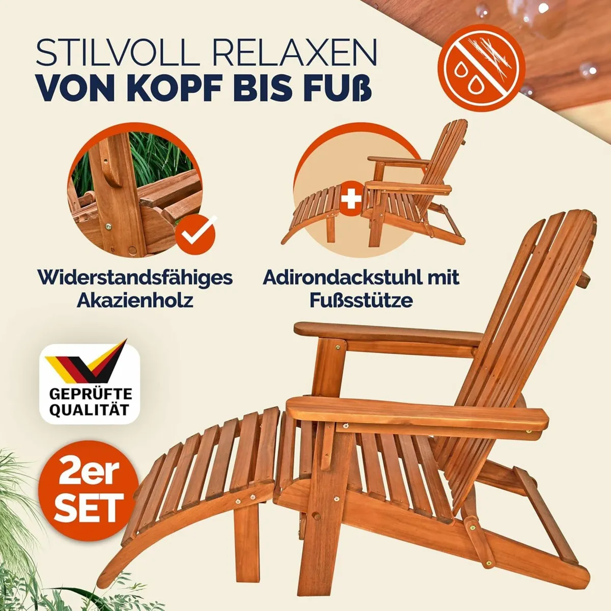 Set of 2 Adirondack Wooden Sun Loungers with Footr - Image 3