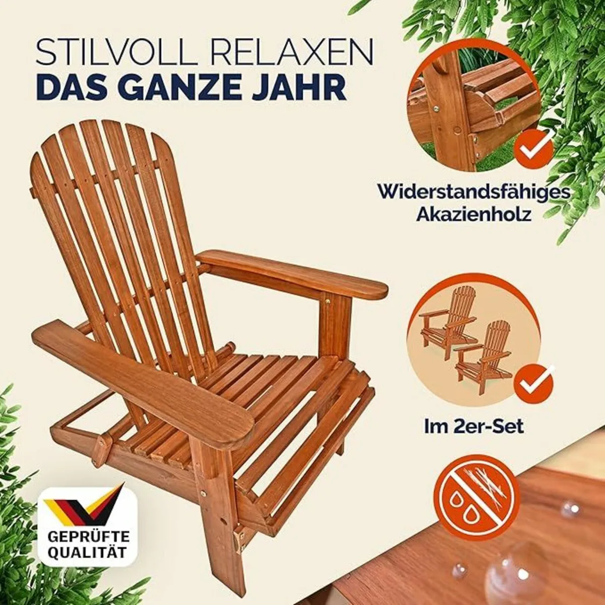 Set of 2 Adirondack Wooden Sun Loungers with Footr - Image 4