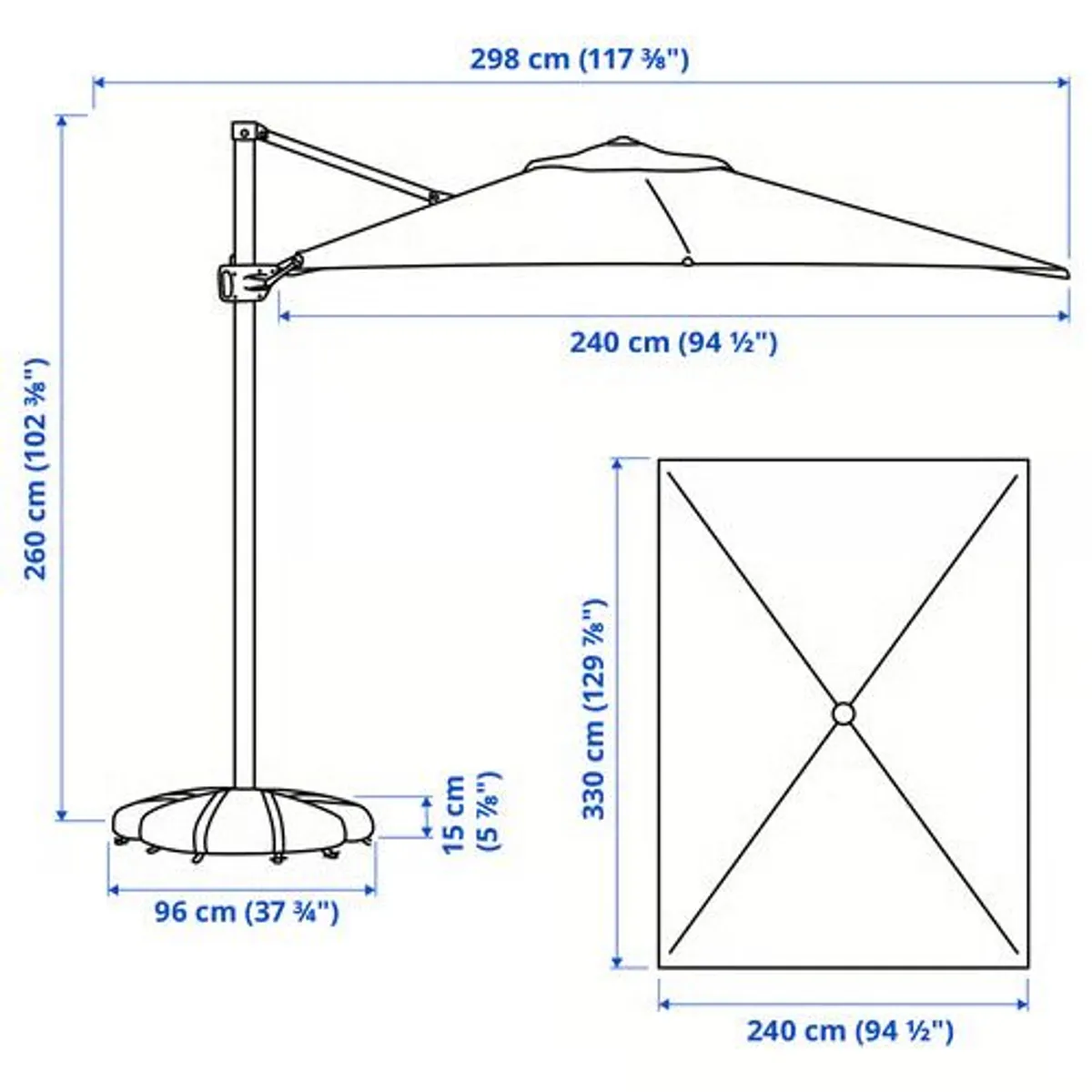 PRICE DROP IKEA SEGLARO IGGON Parasol Sunshade umbrella  patio  garden large hanging with base anthracite dark grey 330 x 240 cm - Image 2