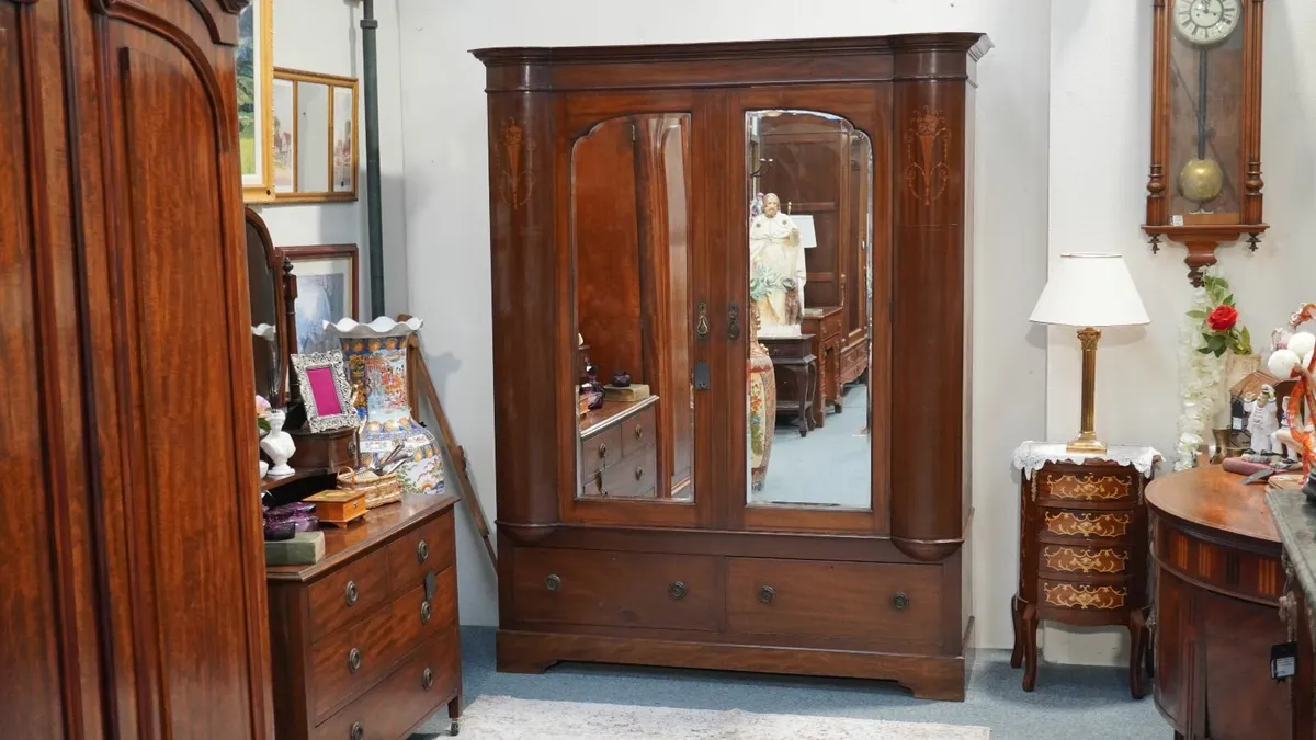 Antique Mahogany Wardrobe with Inlaid Decoration - Image 1