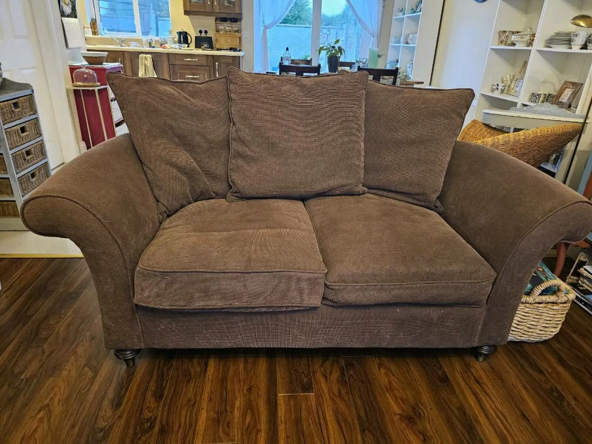 Brown two seater sofa and 2 armchairs - Image 1