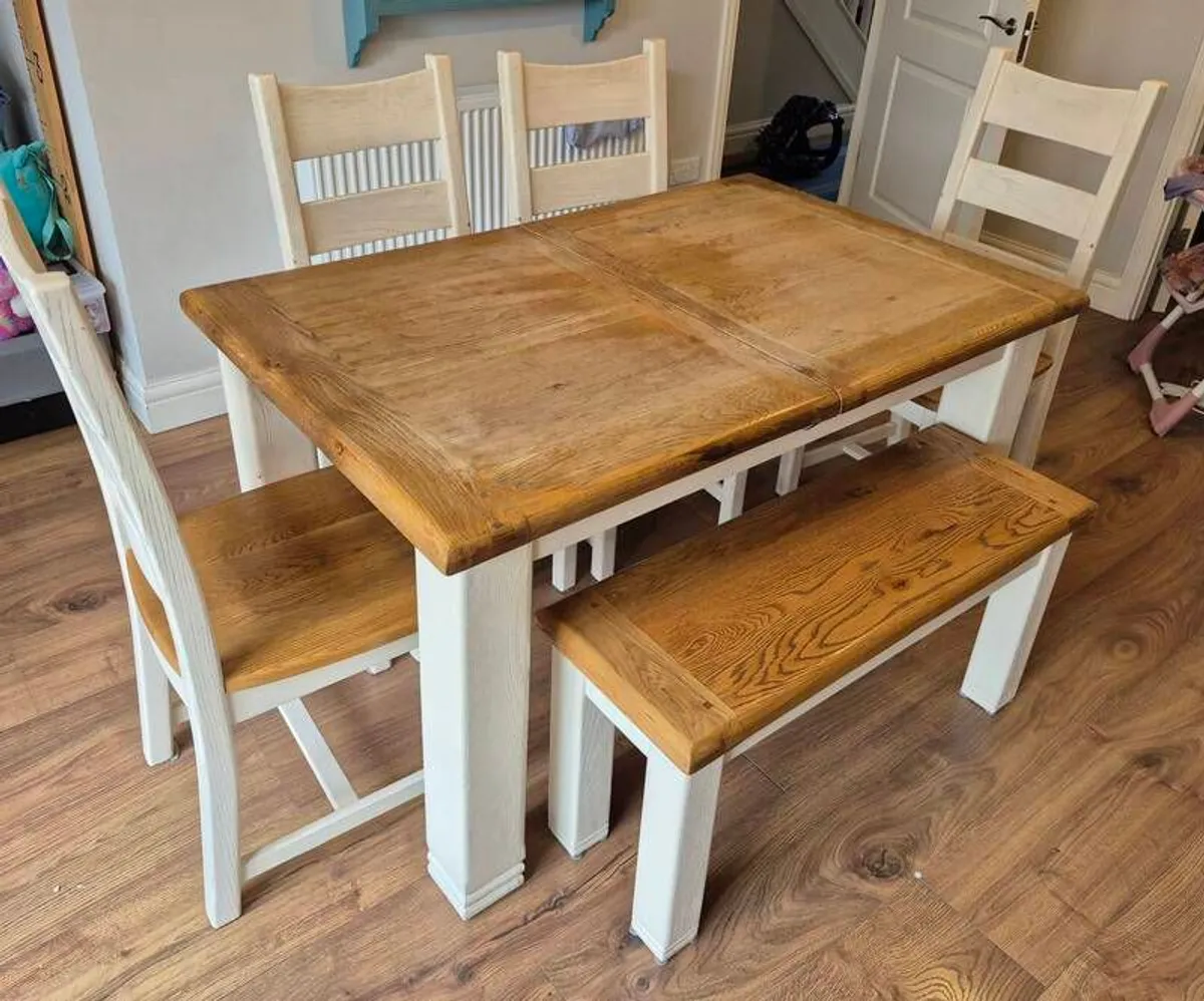 Danube Solid Oak Dining table, chairs and bench - Image 1