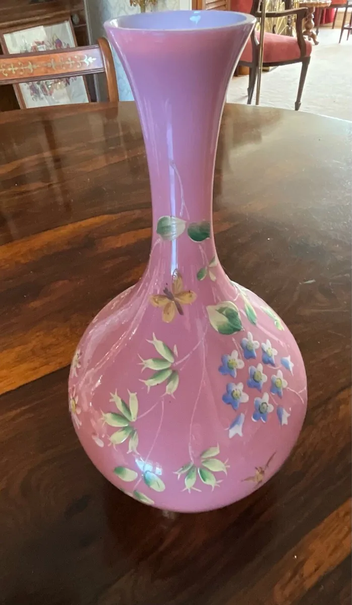 Antique Victorian Milk Glass Pink Vase.Hand Painte - Image 1