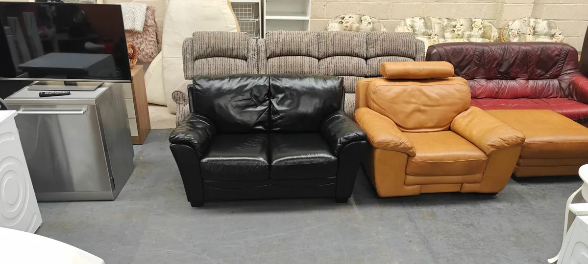 Black Real Leather 2 Seater Couch - Image 1