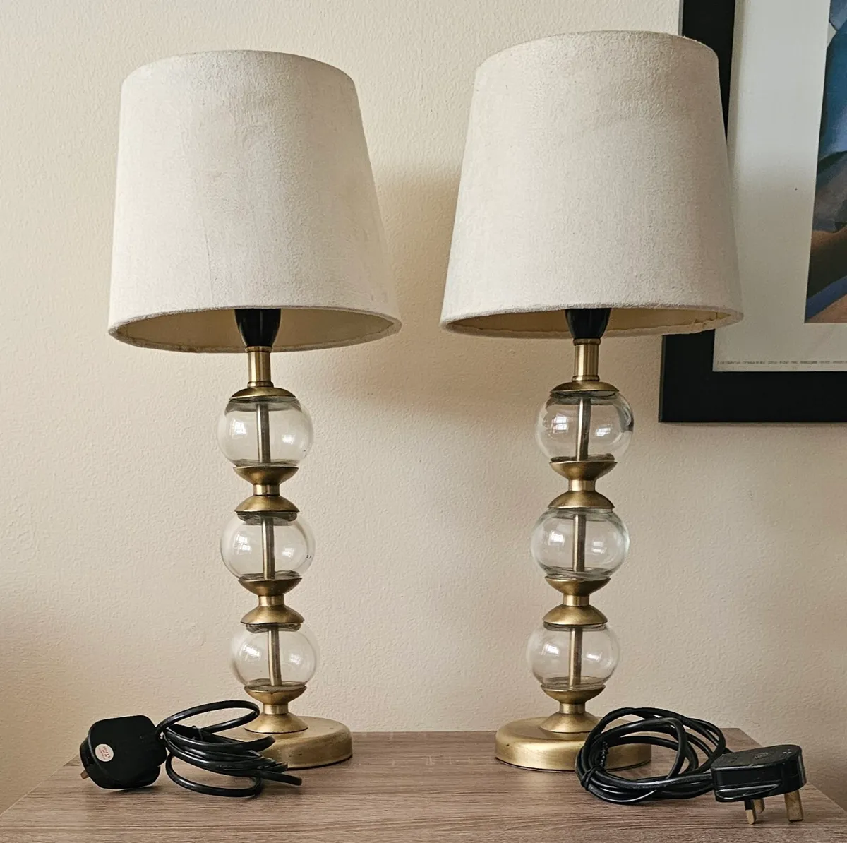 Pair of Vintage Brass & Glass Table Lamps with Cre - Image 1