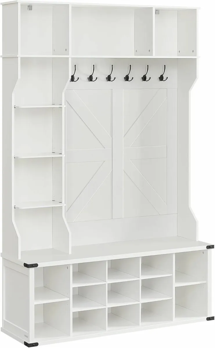 White 4 in 1 Entryway Coat Rack with Shoe Storage - Image 1
