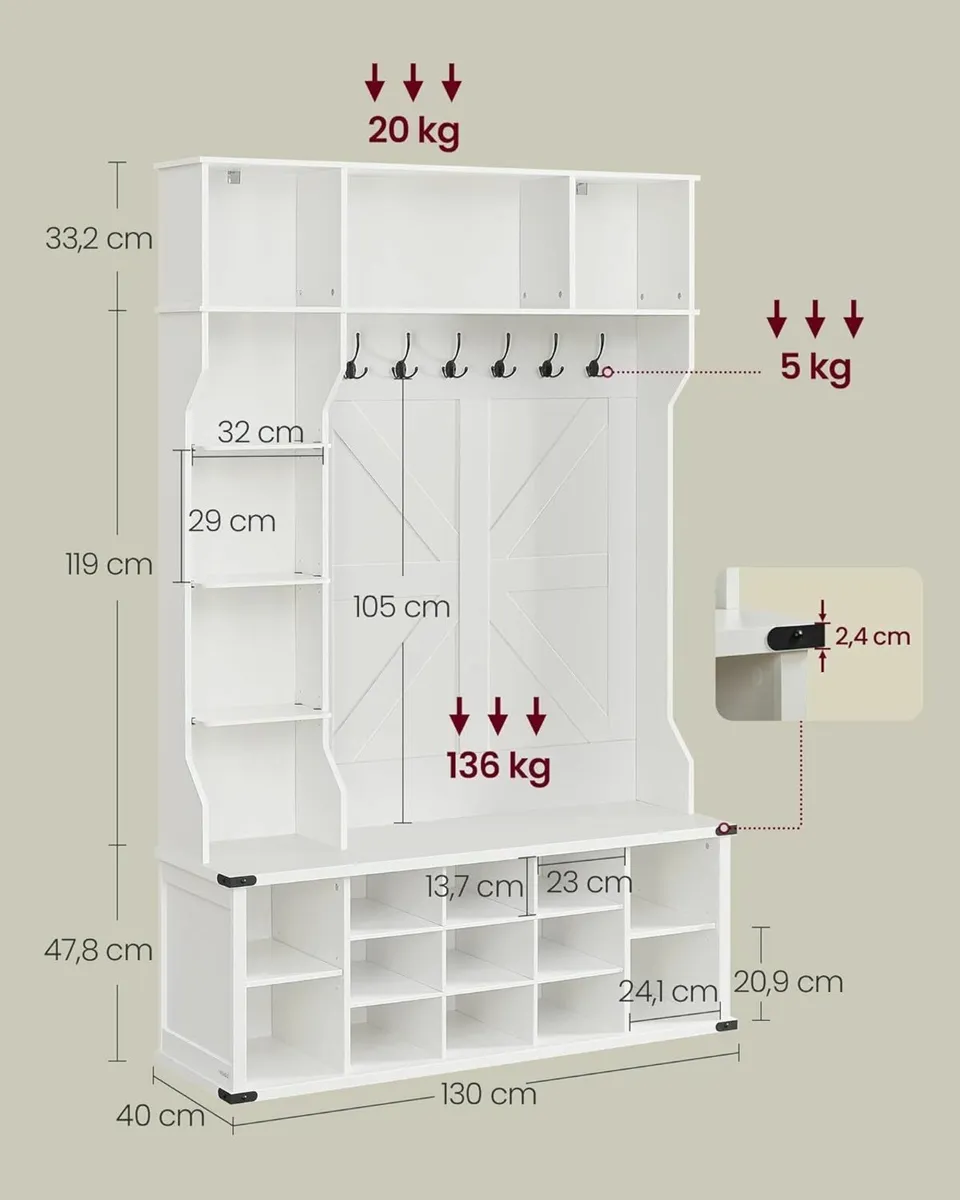 White 4 in 1 Entryway Coat Rack with Shoe Storage - Image 2