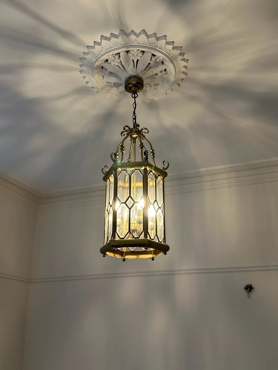 Two Vintage Brass & Glass Hanging Lanterns - Image 1