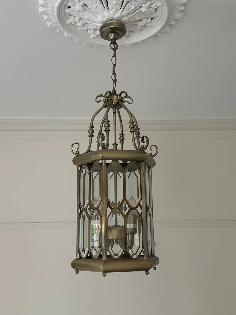 Two Vintage Brass & Glass Hanging Lanterns - Image 2