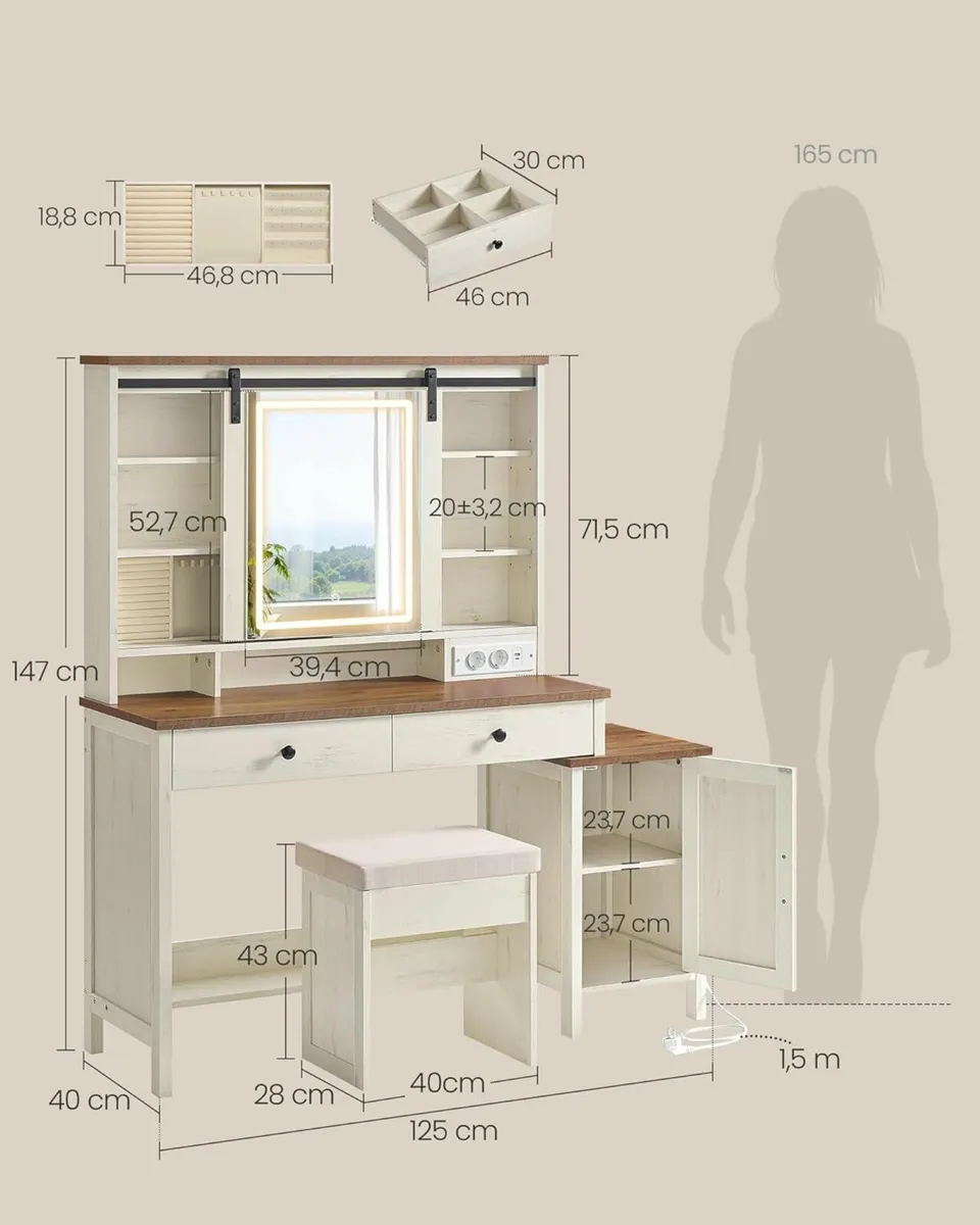 Country Style Dressing Table with Stool Mirror and - Image 3
